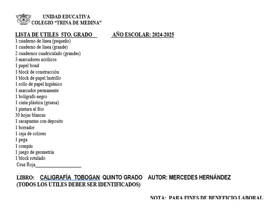 Lista De útiles Escolares 5to Grado